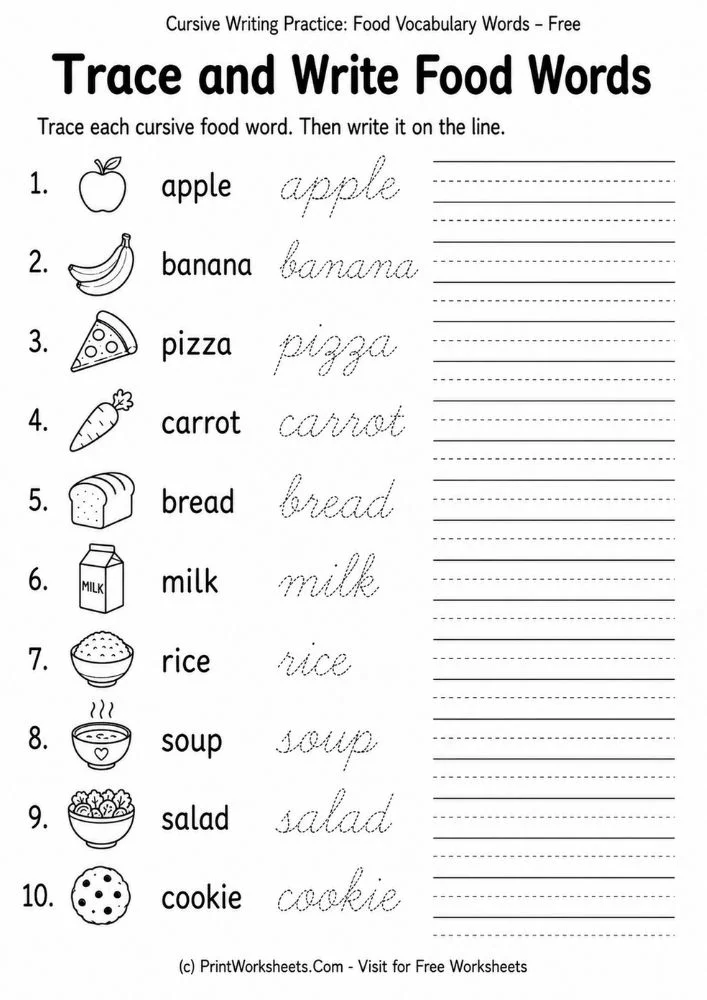 cursive-writing-practice-food-vocabulary-words-page-1 Trace and write cursive food words worksheets pdf
