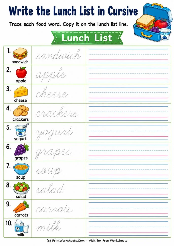cursive-writing-practice-food-vocabulary-words-page-4 Write the lunch list cursive vocabulary worksheets