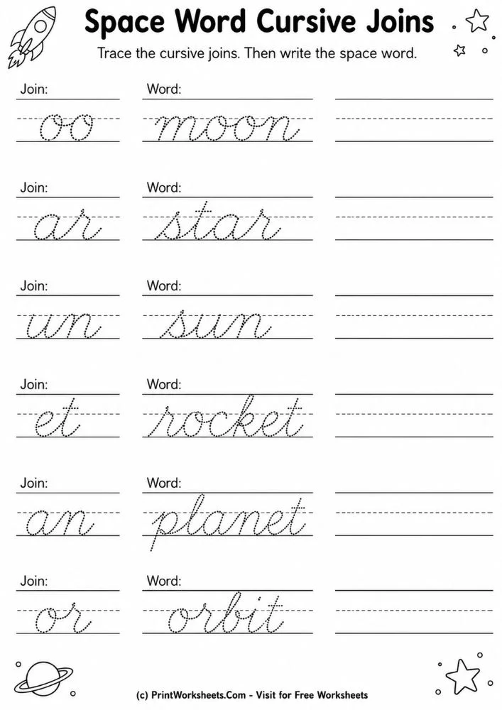 cursive-writing-practice-space-vocabulary-words-page-2 Space word cursive joins handwriting practice worksheets