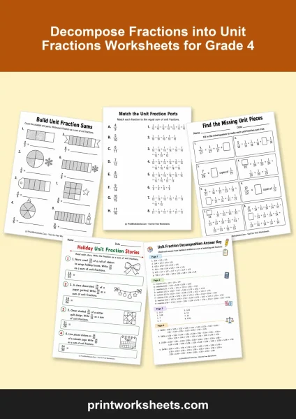 Decompose Fractions into Unit Fractions Worksheets for Grade 4 Free PDF