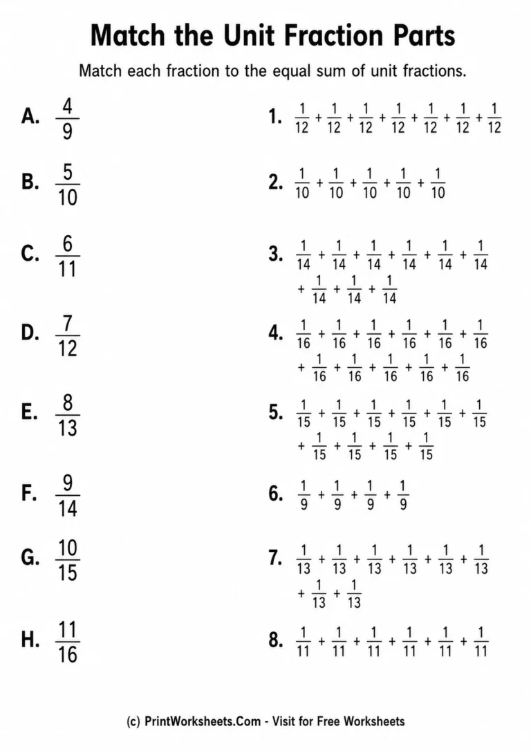 decompose-fractions-into-unit-fractions-worksheets-for-grade-4-page-2 unit fraction matching practice