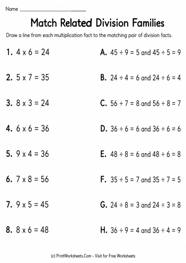 division-fact-families-worksheets-for-grade-3-page-2 Match multiplication facts with related division fact families