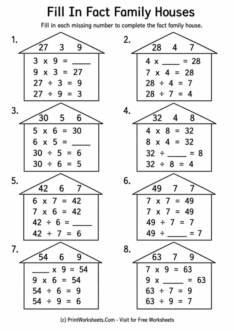 division-fact-families-worksheets-for-grade-3-page-3 Complete missing numbers in multiplication and division fact houses