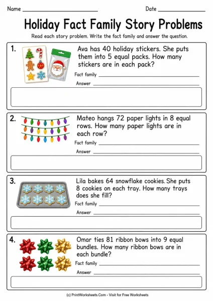 Division Fact Families Worksheets for Grade 3