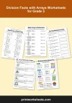 Download four Grade 3 division arrays worksheets plus an answer key. Practice reading arrays, matching facts, missing numbers, and story problems.
