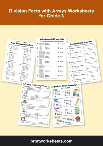 Division Facts with Arrays Worksheets for Grade 3