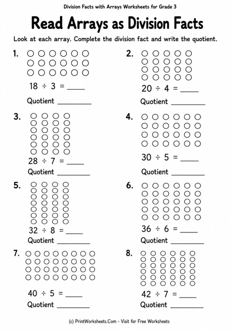 Grade 3 worksheet with eight arrays and incomplete division facts for students to complete