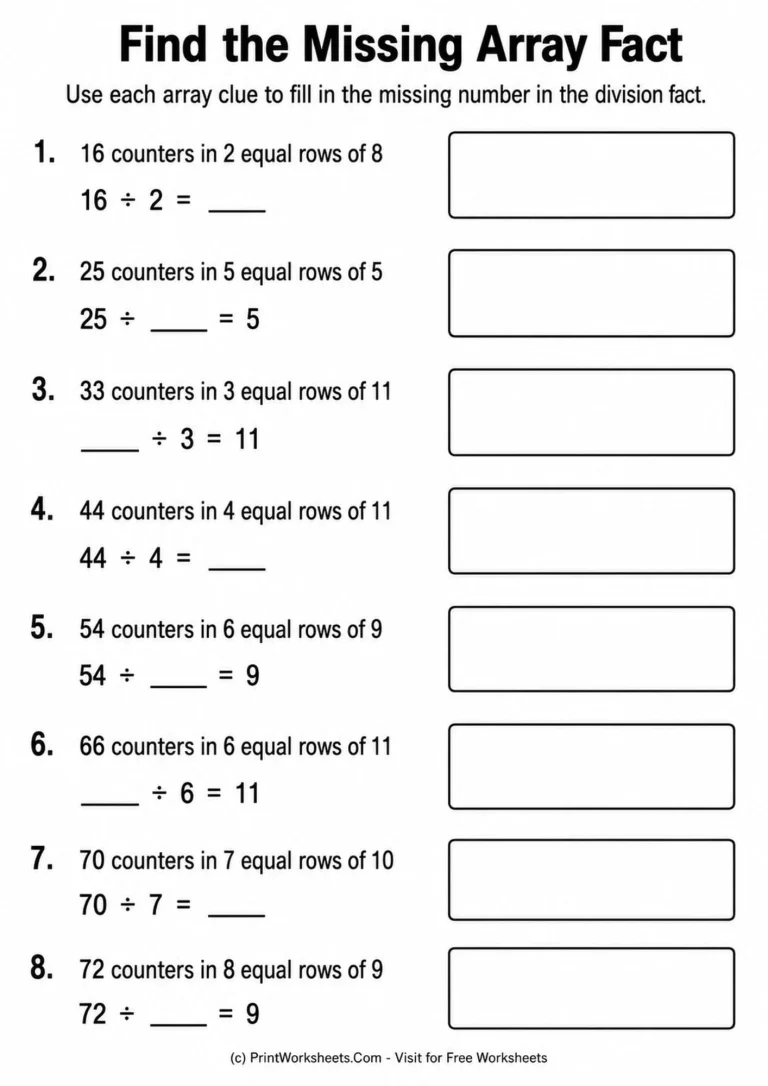 Grade 3 worksheet with missing dividends, divisors, and quotients based on equal-row clues