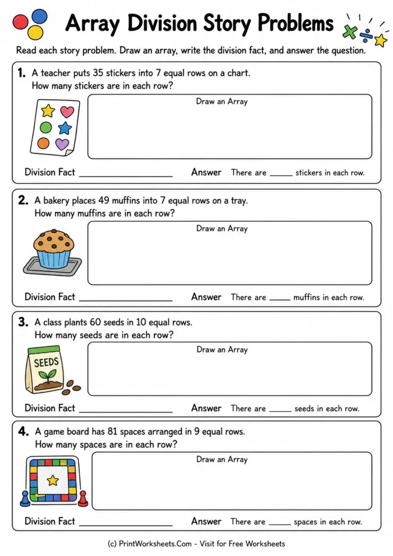 Colorful Grade 3 array division story problems with spaces to draw models and write equations