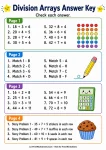 Answer key for Grade 3 division array worksheets covering four student pages