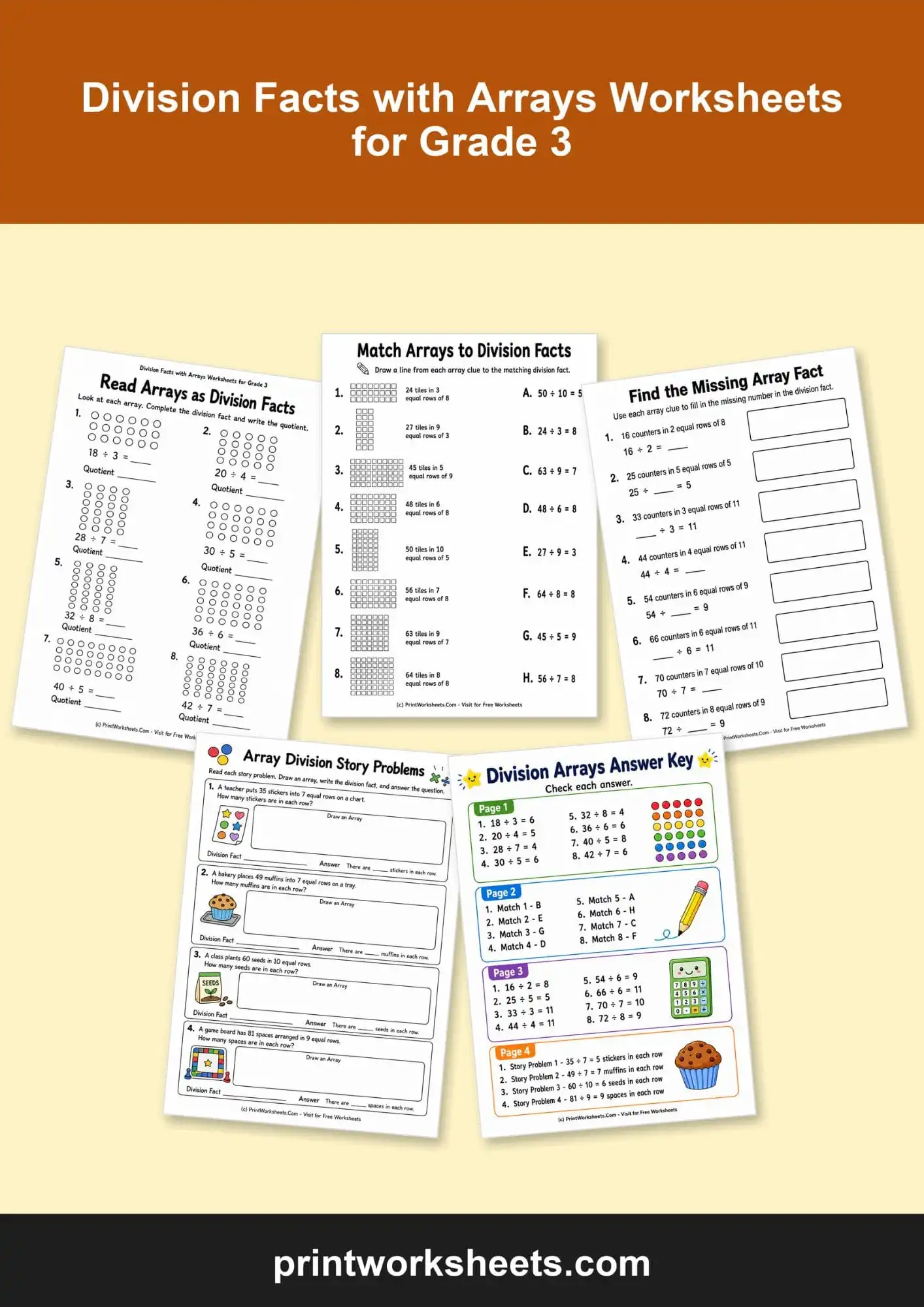 Division Worksheets Worksheet - Division Facts with Arrays Worksheets for Grade 3 | Free Printable