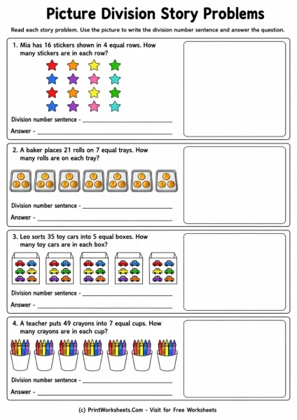 Division Number Sentences from Pictures Worksheets for Grade 3