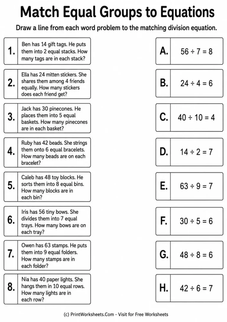Grade 3 matching worksheet with eight equal-groups word problems and scrambled division equations