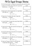 Grade 3 equal-groups division worksheet with eight missing quotients and answer boxes