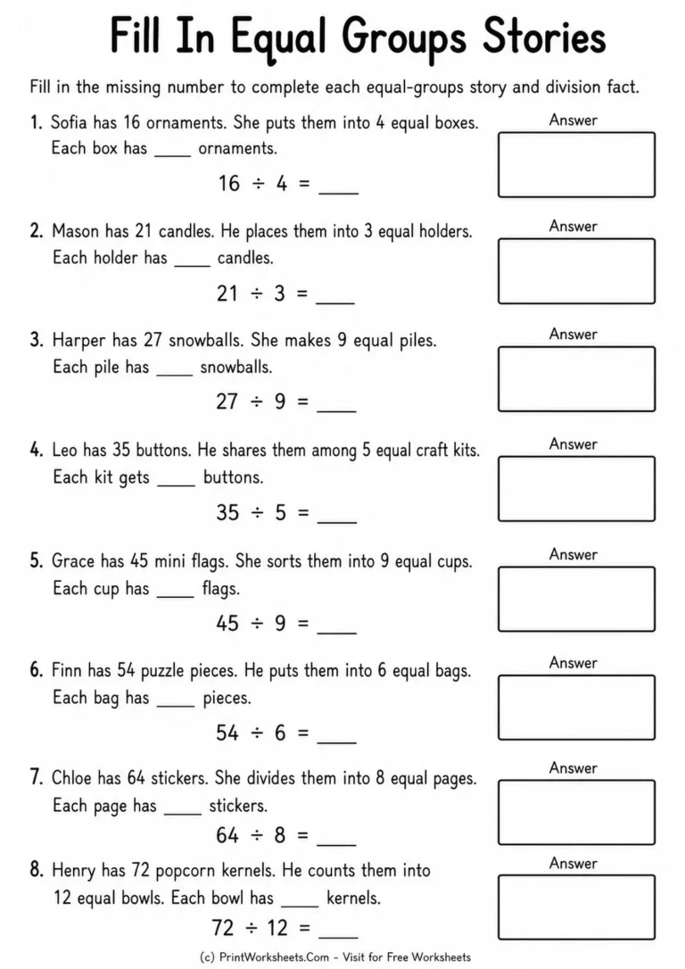 Grade 3 equal-groups division worksheet with eight missing quotients and answer boxes