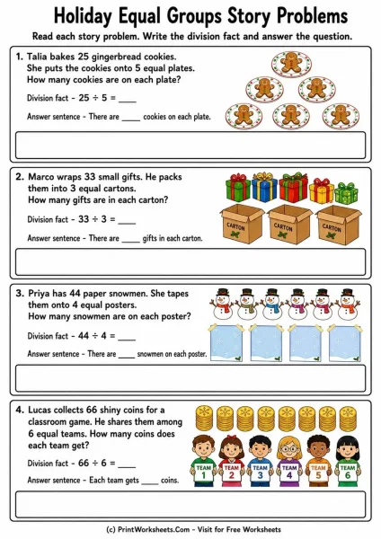Division Word Problems with Equal Groups Worksheets for Grade 3