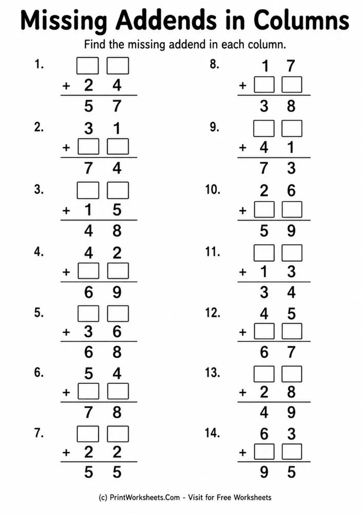 double-digit-addition-missing-addends-worksheets-page-2 Missing addends with regrouping math practice worksheets pdf