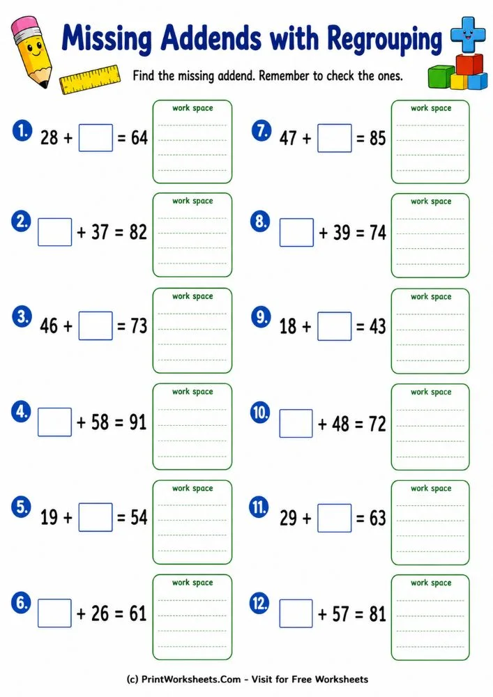 double-digit-addition-missing-addends-worksheets-page-4 Find the missing addend horizontal equations math worksheets