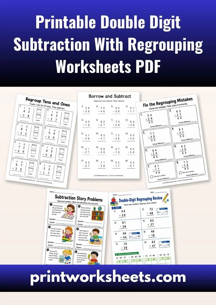 Subtraction Worksheets Worksheet - Printable Double Digit Subtraction With Regrouping Worksheets PDF | Free Printable