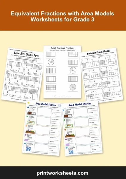 Equivalent Fractions with Area Models Worksheets for Grade 3