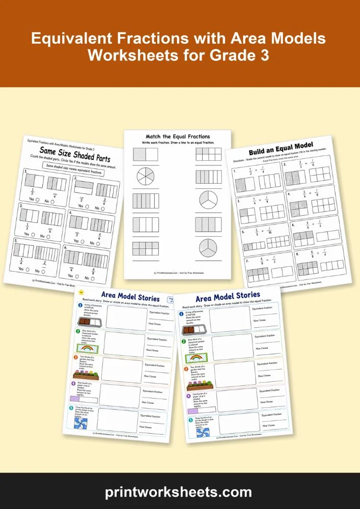Fractions Worksheet - Equivalent Fractions with Area Models Worksheets for Grade 3 | Free Printable