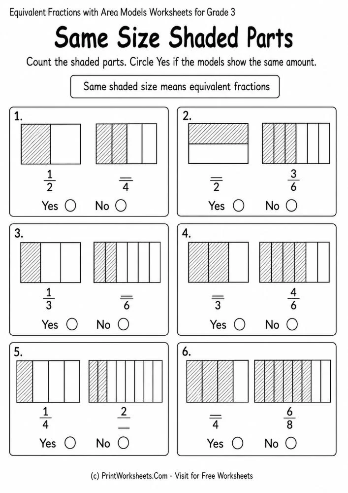 Same Size Shaded Parts Same size shaded parts equivalent fractions with area models worksheets for grade 3