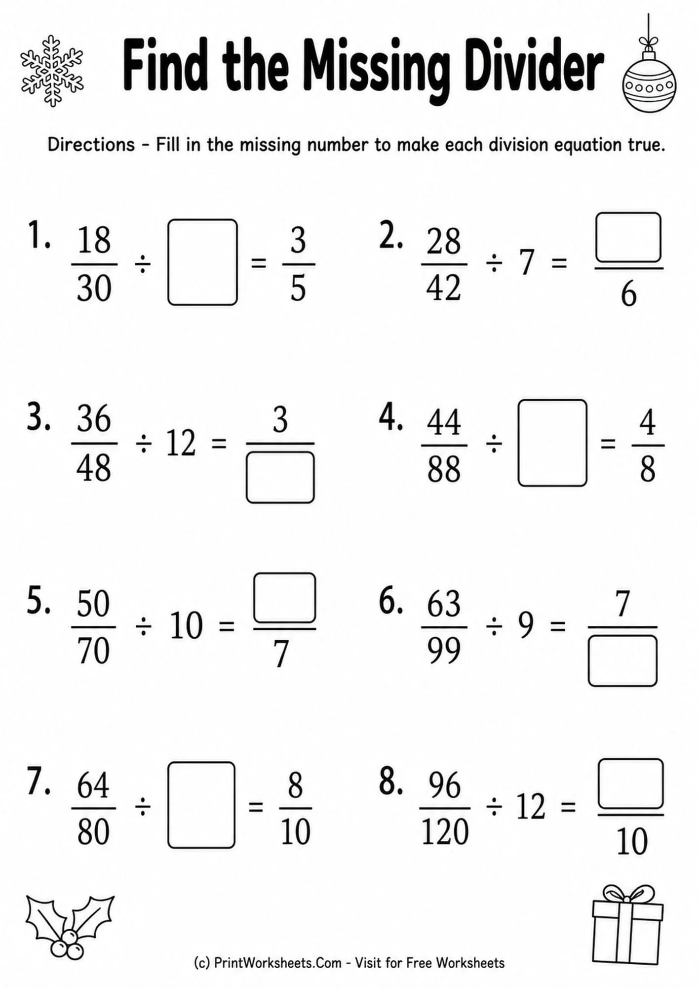 Fractions Worksheet - Equivalent Fractions with Division Worksheets for Grade 4 | Free Printable