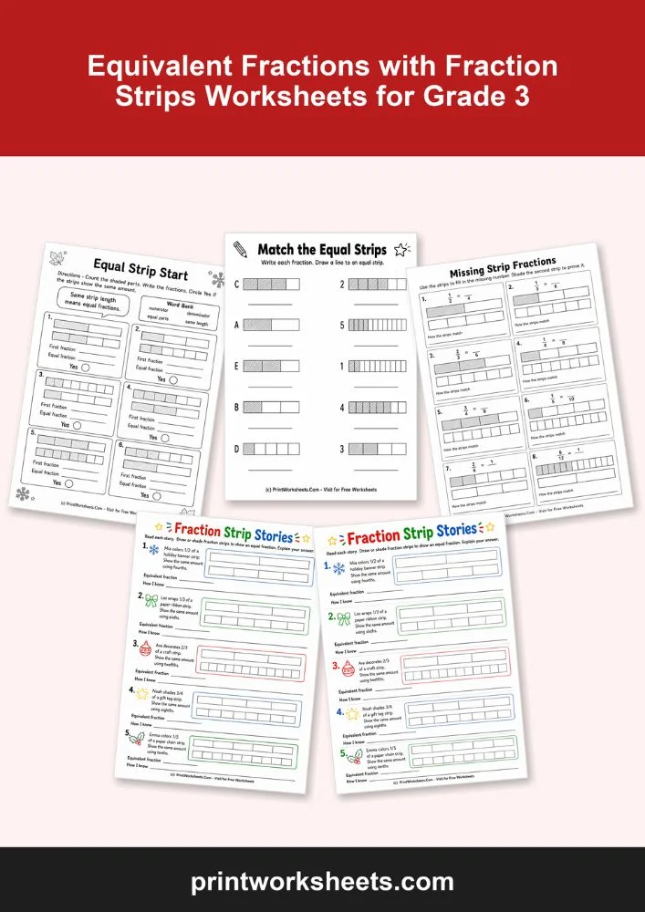 Fractions Worksheet - Free Equivalent Fractions with Fraction Strips Worksheets for Grade 3 | Free Printable