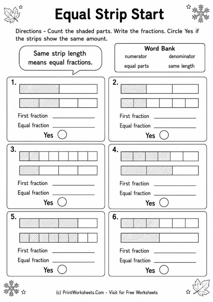Equal Strip Start Worksheets Equal strip start equivalent fractions with fraction strips worksheets for grade 3