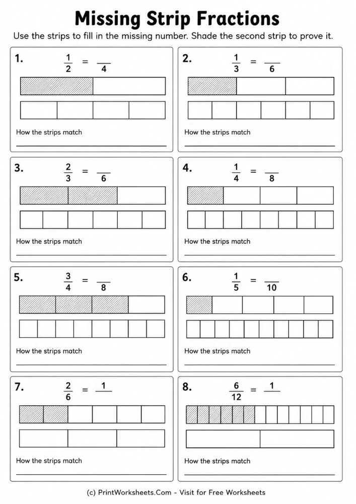 Missing Strip Fractions Challenge Missing strip fractions mathematical equivalence printable
