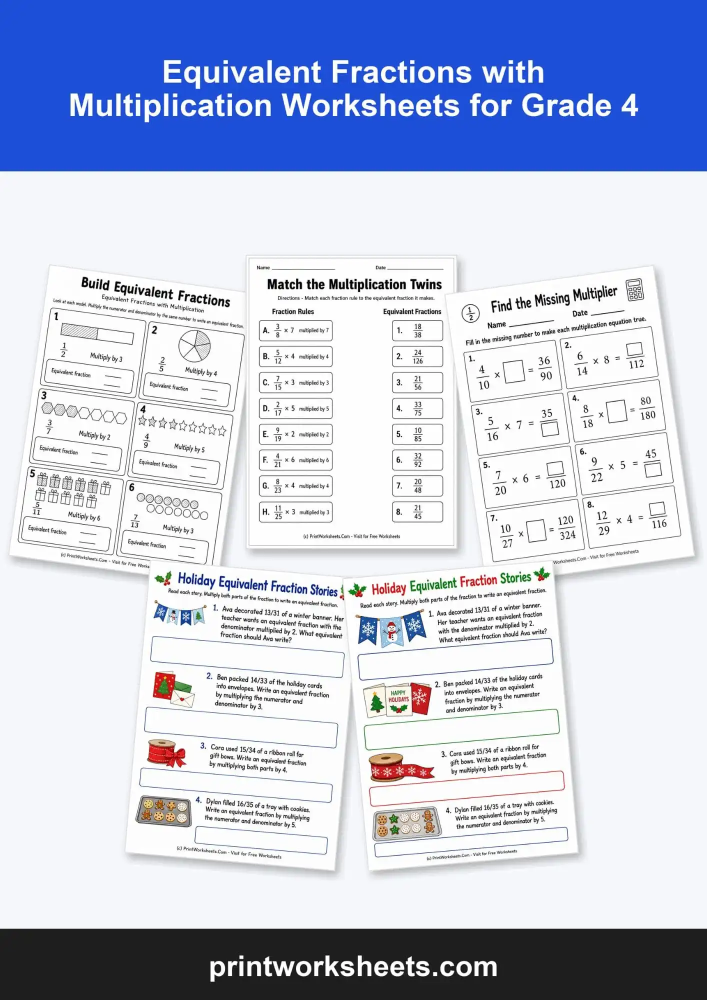 Fractions Worksheet - Equivalent Fractions with Multiplication Worksheets for Grade 4 | Free Printable