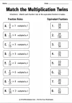 Match the multiplication twins printable for fourth grade fractional equivalence practice.