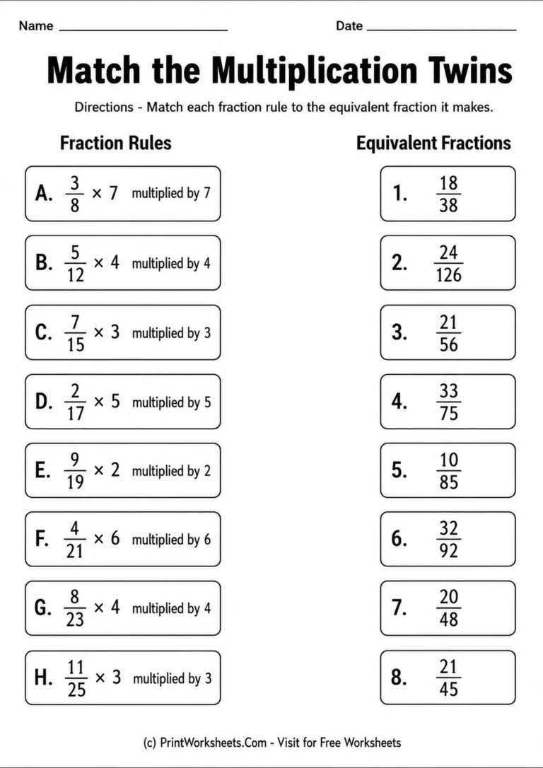 equivalent-fractions-with-multiplication-worksheets-for-grade-4-page-2 Match the multiplication twins printable for fourth grade fractional equivalence practice.