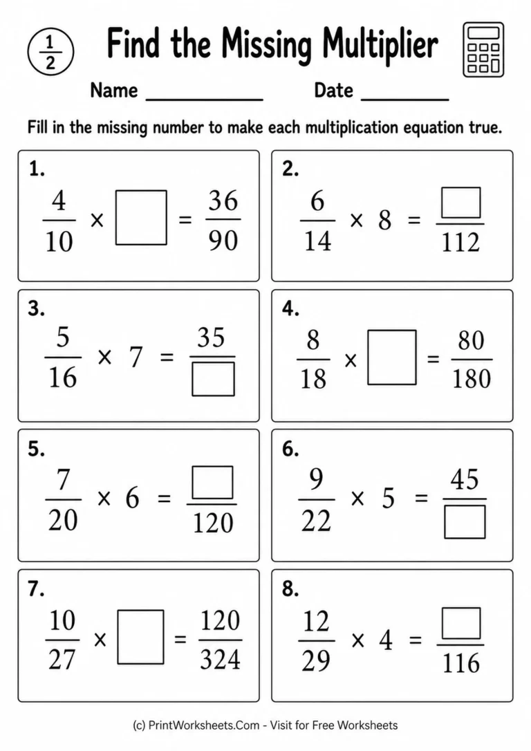 equivalent-fractions-with-multiplication-worksheets-for-grade-4-page-3 Find the missing multiplier in these equivalent fractions worksheets designed for early algebraic thinking
