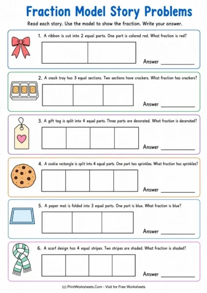 Fraction Models with Halves, Thirds, and Fourths Worksheets for Grade 3