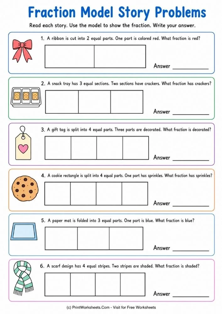 Fractions Worksheet - Fraction Models with Halves, Thirds, and Fourths Worksheets for Grade 3 | Free Printable