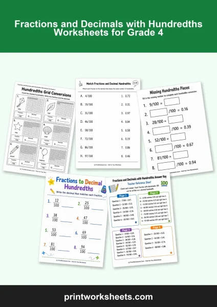 Fractions and Decimals with Hundredths Worksheets for Grade 4