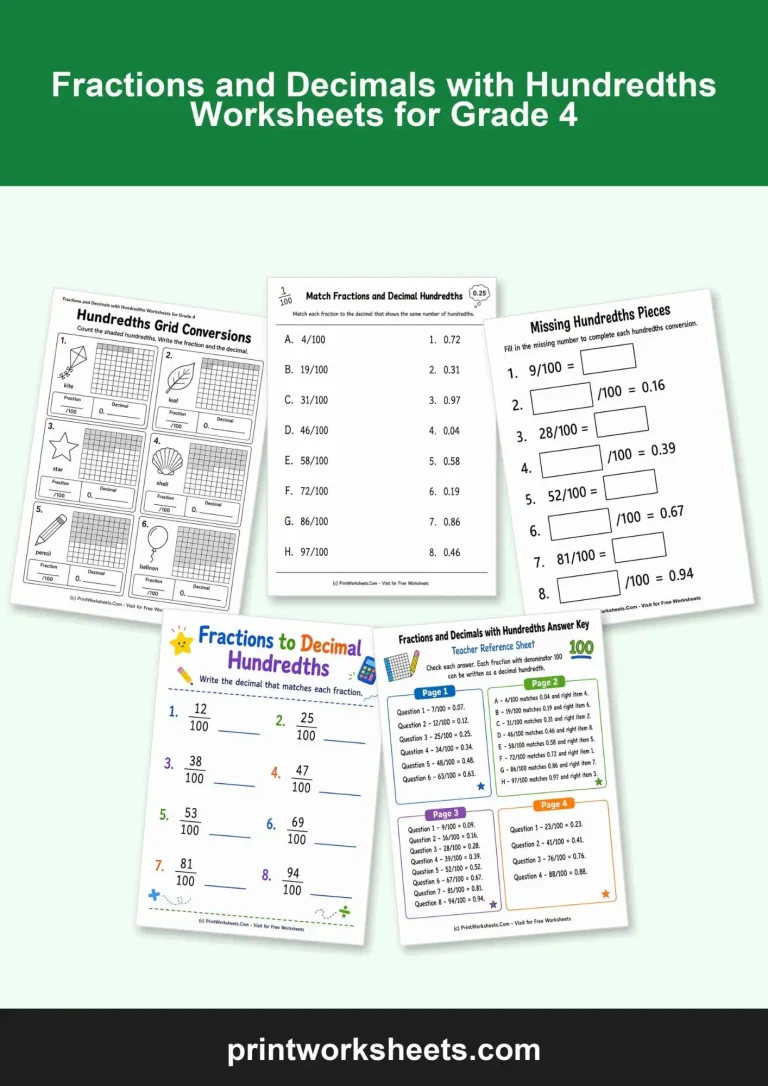 Decimal Hundredths Printables Fractions and decimals with hundredths worksheets for grade 4 bundle.