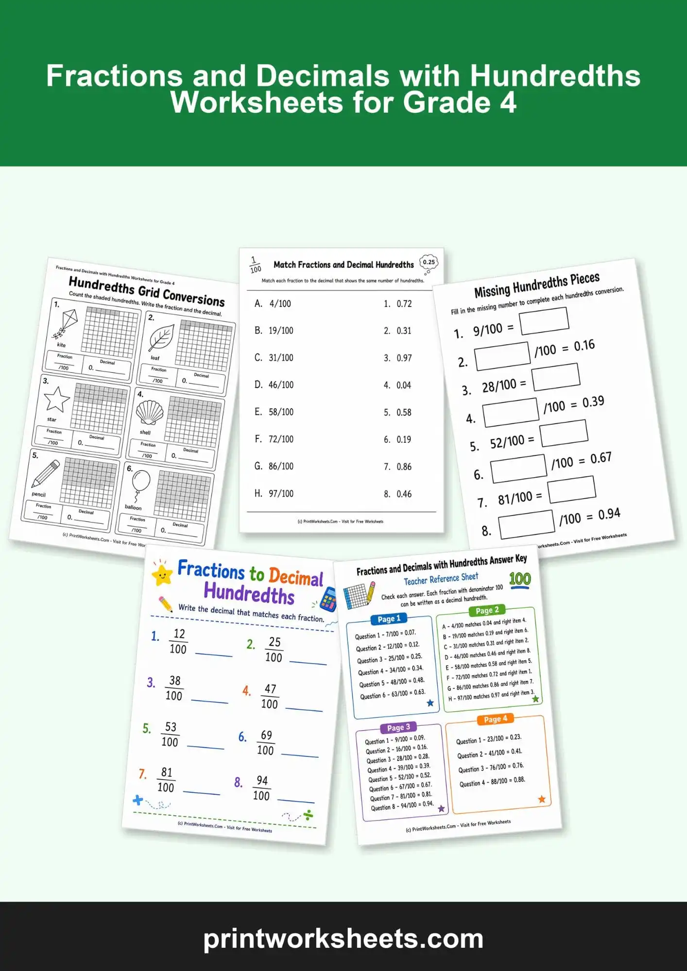 Fractions Worksheet - Fractions and Decimals with Hundredths Worksheets for Grade 4 | Free Printable