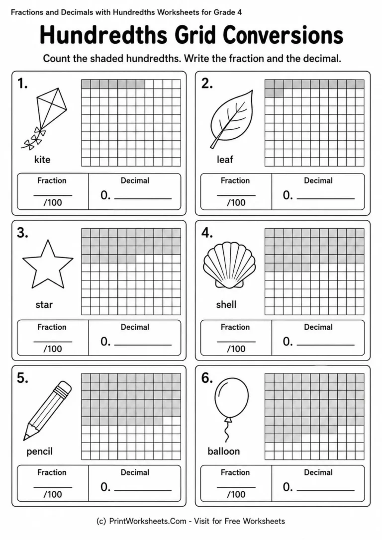 fractions-and-decimals-with-hundredths-worksheets-for-grade-4-page-1 Visual 10x10 grids for converting fractions to decimals in the hundredths place.