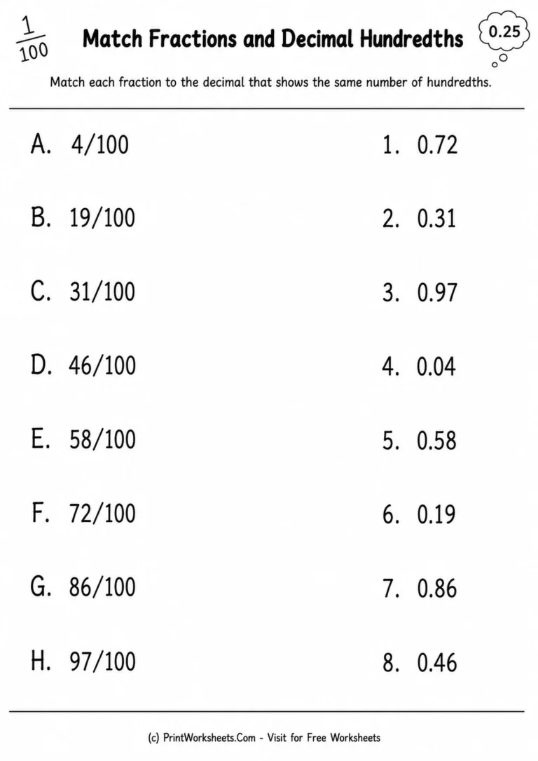 fractions-and-decimals-with-hundredths-worksheets-for-grade-4-page-2 Matching fractions and decimal hundredths practice worksheet