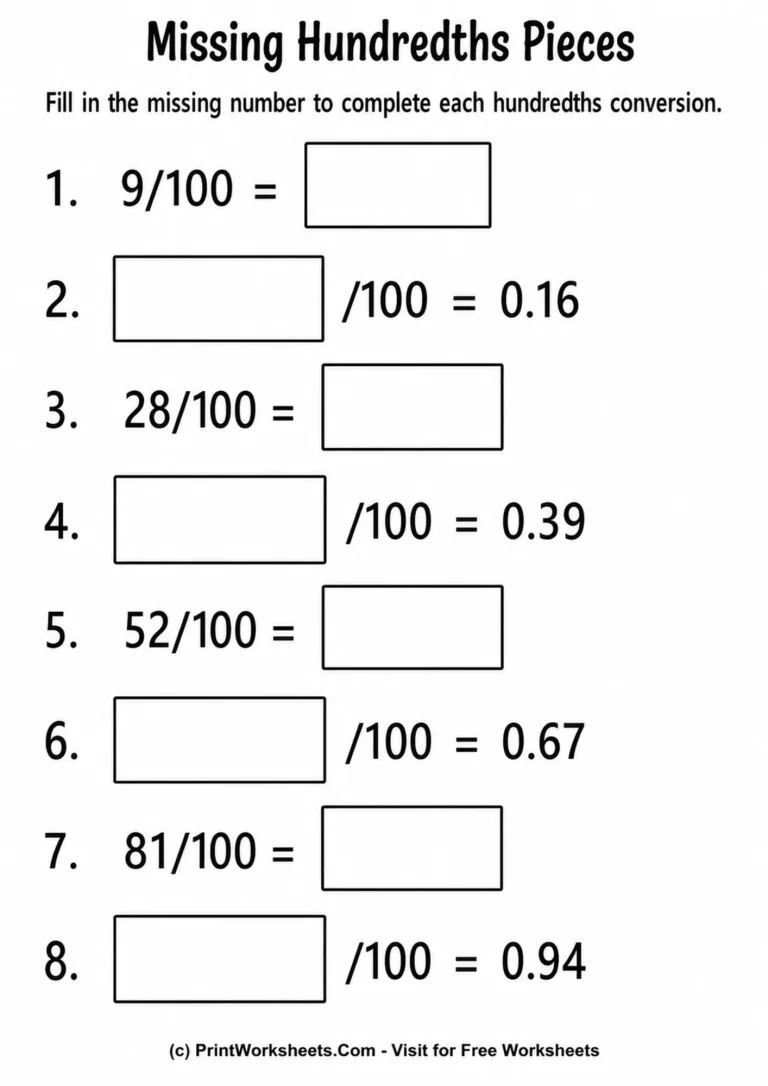 fractions-and-decimals-with-hundredths-worksheets-for-grade-4-page-3 Missing hundredths pieces conversion worksheet for fourth graders