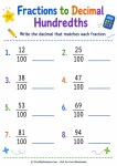 Fractions to decimal hundredths conversion practice printable.