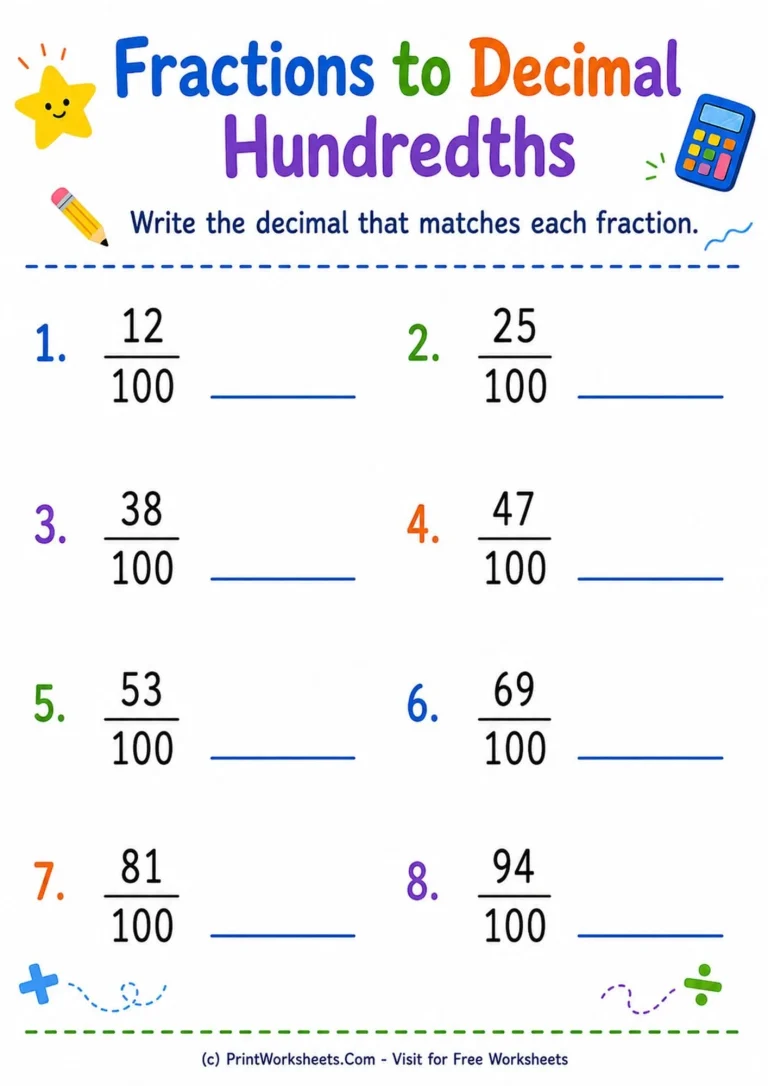 fractions-and-decimals-with-hundredths-worksheets-for-grade-4-page-4 Fractions to decimal hundredths conversion practice printable.