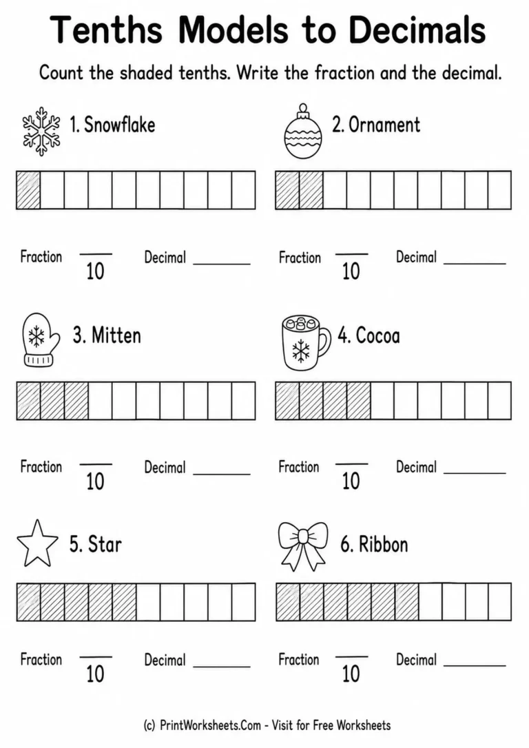 fractions-and-decimals-with-tenths-worksheets-for-grade-4-page-1 Fractions and Decimals with Tenths Worksheets for Grade 4 - Worksheet Image