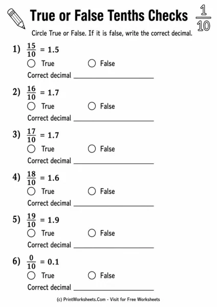 Fractions and Decimals with Tenths Worksheets for Grade 4