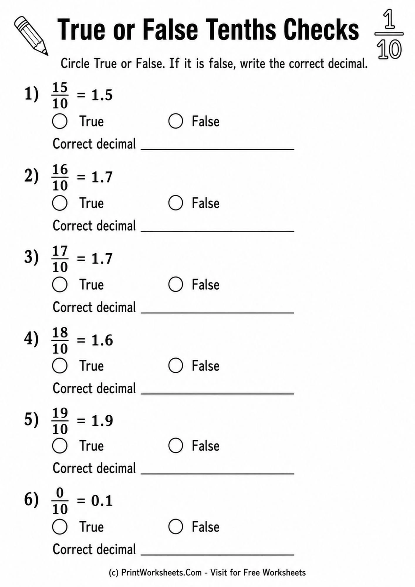 Fractions Worksheet - Fractions and Decimals with Tenths Worksheets for Grade 4 | Free Printable