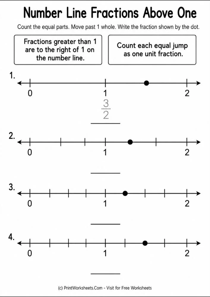 Fractions greater than one shown on number lines