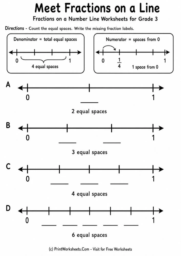 Meet Fractions on a Line Meet fractions on a number line worksheets for grade 3