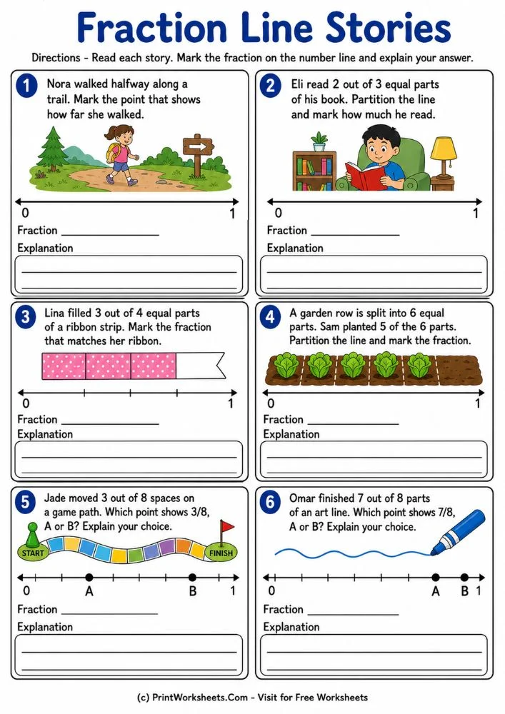 Fraction Line Story Problems Fraction line stories and reading comprehension math printables